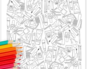 Makeup & Cosmetics Printable Coloring Page | Spa Day Themed Party Activity Detailed Beauty Products