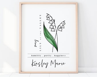 Individueller Name Mai Geburtsblume Maiglöckchen | Personalisierte Digital Printable | Garten inspiriertes Geburtstagsgeschenk