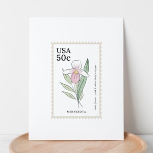 Minnesota US State Flower Stamp | Pink & White Lady&#39;s Slipper Watercolor Floral Art Printable