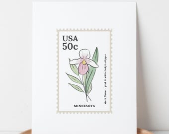 Minnesota US State Flower Stamp | Pink & White Lady's Slipper Watercolor Floral Art Printable