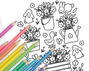 55Pk Spring Themed Printable Coloring Pages | Hand Illustrated Springtime Flower Blooms Garden Theme