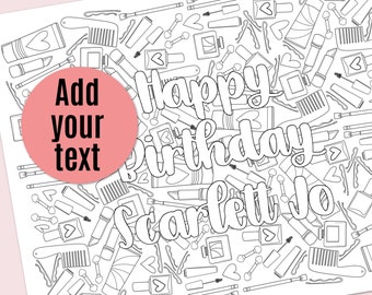 Personalized Coloring Page Make Up & Cosmetics | Add Your Text | Self Care Spa Day Girls Night Party