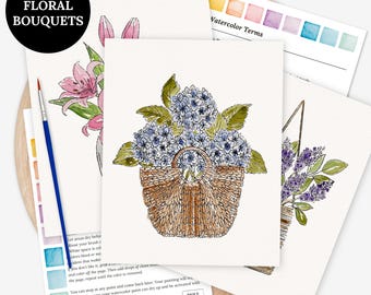 Printable Floral Bouquet Paint Kit | 12 Outlines | Digital Watercolor Practice Sheets and Coloring Pages
