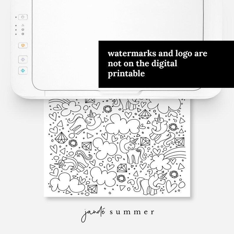 May include: Black and white printable coloring page featuring a repeating pattern of unicorns, hearts, clouds, and diamonds. The text "jand&eacute; summer" is at the bottom of the page.