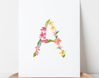 Tropical Floral Monogram Initial Art Print | Hand Painted Letter Wall Decor