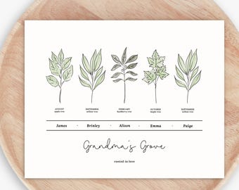 Birth Family Tree Art Printable | Up to 6 Names | Birth Tree Garden Inspired Custom Gift