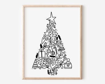 Christmas Tree | Black & White Doodle Printable | Cute Festive Holiday Themed Decor