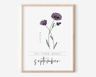 September Aster Birth Flower Digital Art Printable | Floral Inspired Gift for September Birthday Purple Aster