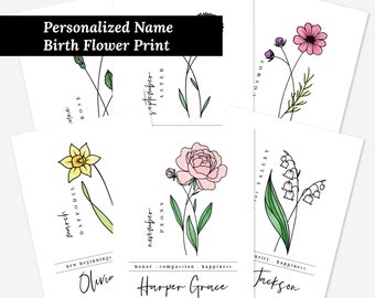 Custom Birth Flower Unframed Art Print | Personalized Name Custom Floral Illustration Wall Decor Birthday Gift