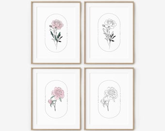 4 PK November Birth Flower Peony | Oval Frame Simple Line Art Printable | Floral Inspired Birthday Gift