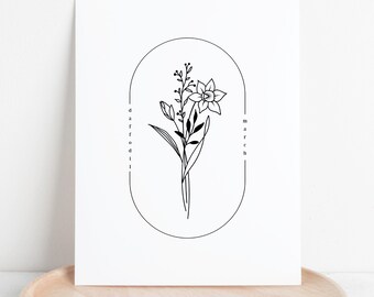 March Birth Flower Daffodil | Oval Frame Simple Art Printable | Garden Inspired Birthday Gift