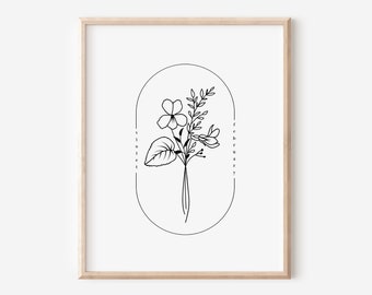 February Birth Flower Violet | Oval Frame Simple Art Printable