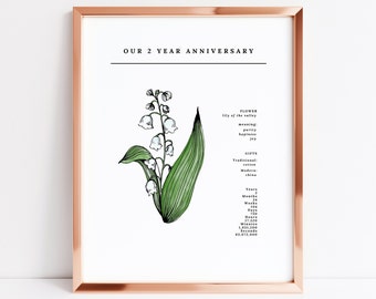 2 Year Anniversary Lily of the Valley Flower Art Printable | Wedding Anniversary Floral Gift