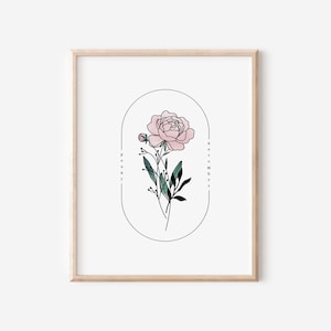 Peônia da flor do nascimento de novembro | Arte simples com moldura oval em aquarela para impressão