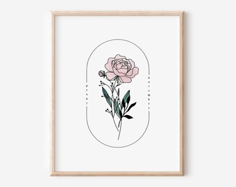 November Birth Flower Peony | Watercolor Oval Frame Simple Art Printable