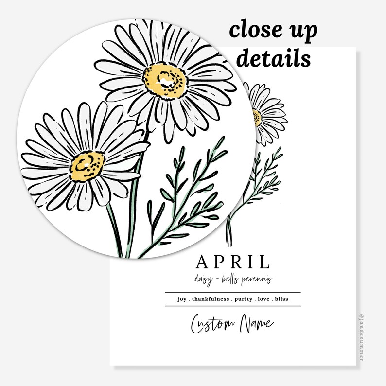 April Daisy Birth Flower Personalized Name Unframed Art Print Custom Gift for Birthdays Birth Flower Vinyl Sticker Add On image 2