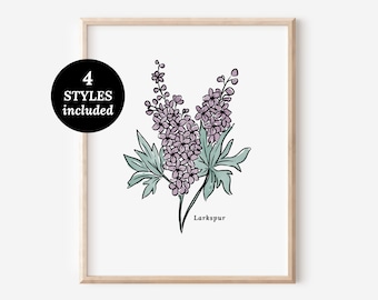 Larkspur Delphinium Flower Illustration Printables | 4 Styles Included Watercolor Antique Sketched Floral Decor | Vintage Cottagecore Art