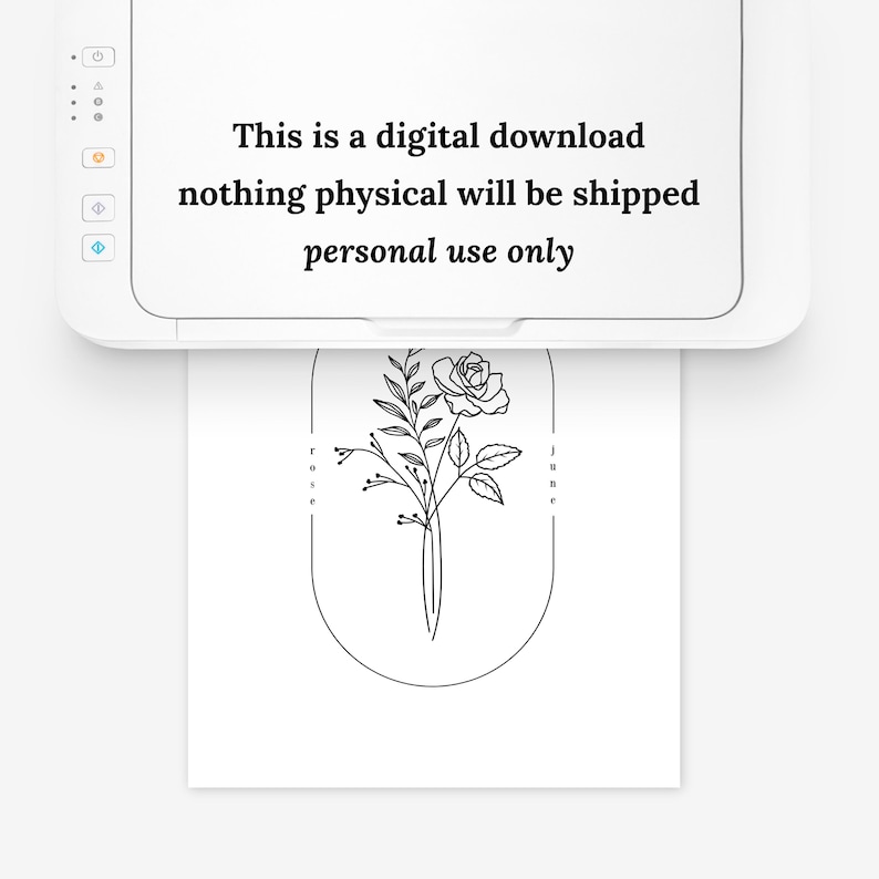 May include: A black and white line drawing of a rose with leaves inside an oval frame. The words "rose" and "june" are written vertically on either side of the frame.