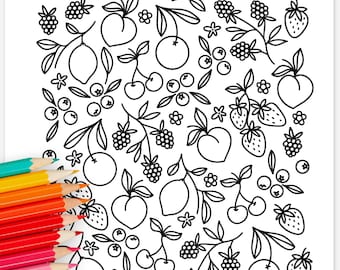 Fruit & Berries Coloring Page Printable | Foodie Coloring Sheet | Relaxing Calming Color Sheets