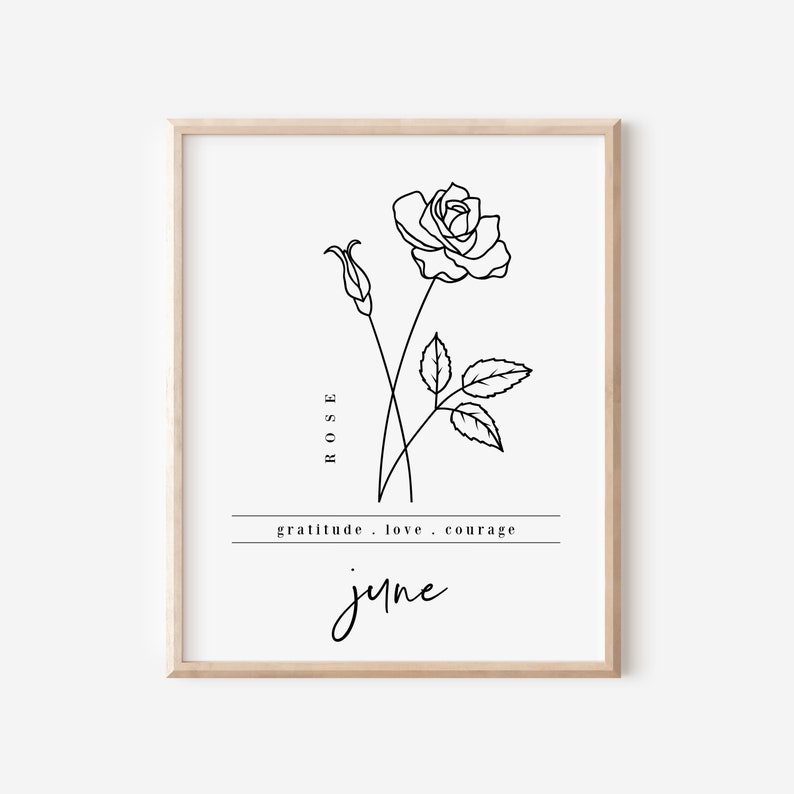 June Birth Flower Rose Black & White Art Printable Etsy