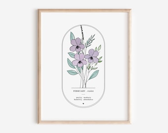 February Birth Flower Violet | Arch Oval Frame Simple Art Printable