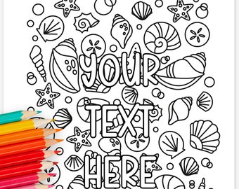 Personalized Beach Themed Party Shells Printable Coloring Page | Hand-Drawn Coloring Sheet Vacation Travel Themed