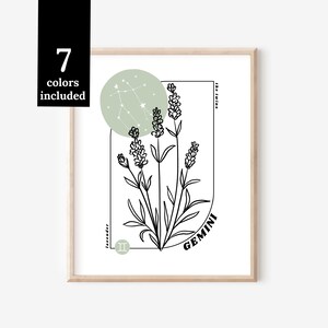 Gemelli Lavanda Astro Fiore di Nascita Segno Zodiacale Grafico / Arte Stampabile Decorazione Digitale da Parete