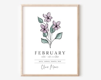 February Purple Violet Birth Flower Personalized Name Unframed Art Print | Gift for Birthdays | Nursery Wall Decor