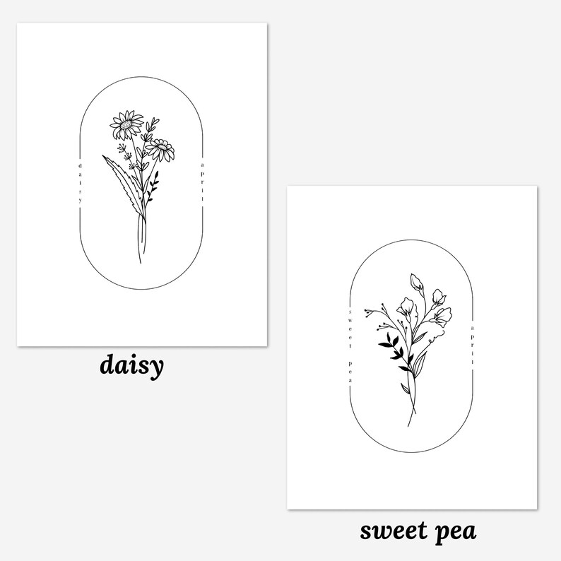 May include: Two black and white line drawings of flowers in oval frames. The first image is a daisy with the text "daisy" below. The second image is a sweet pea with the text "sweet pea" below.