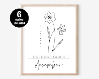 December Birth Flower 6 Pk Narcissus Holly Poinsettia | Black & White Floral Line Art Printables