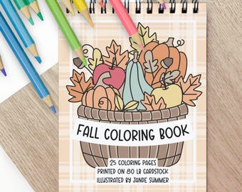 Fall Mini Coloring Book 25 Pg | Hand Illustrated Pocket Sized 4.25X5.5" | Top Wirebound Notebook
