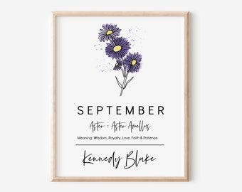 September Birth Month Flower Aster | Personalized Art Print