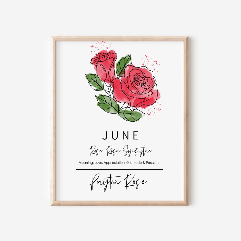 June Birth Month Flower Rose Personalized Art Digital Printable Garden Inspired Gift for Mom image 1