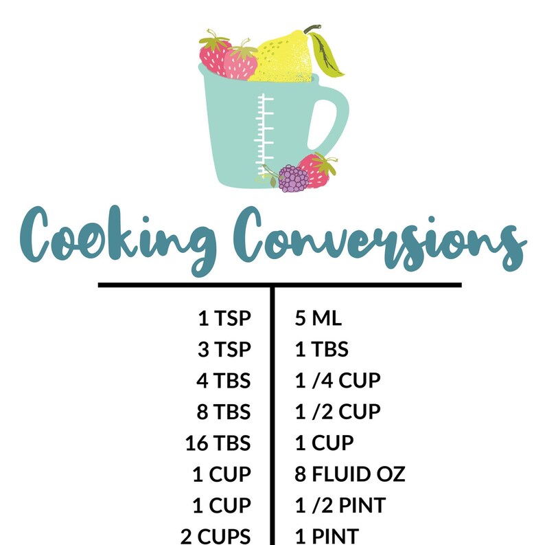 Cooking Conversion Chart Fruit Kitchen Guide Digital Etsy