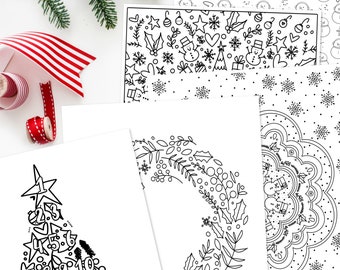 5 Pk Christmas Coloring Pages | Holiday Digital Printables | Family Night Activity School Centers Self Care Zen Coloring