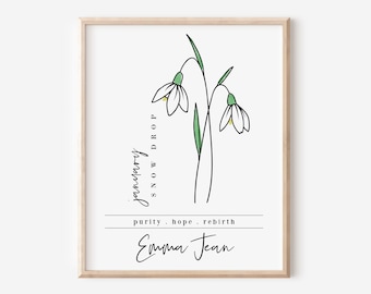 Custom Name January Birth Flower Snowdrop | Personalized Floral Unframed Art Print | Garden Inspired Birthday Gift