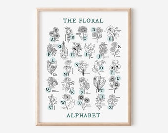 Flower Alphabet Chart Light Aqua & Green | Illustrated Sketched Floral Unframed Art Wall Decor