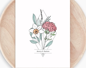 Couples Flower Anniversary Bouquet Print | Personalized Birth Month Gift