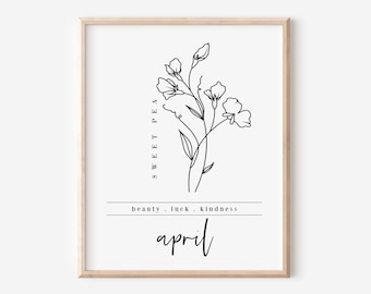April Birth Flower Sweet Pea | Black & White Art Printable | Garden Inspired Birthday Gift