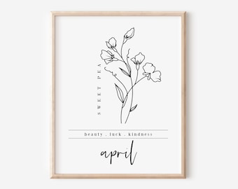 April Geboorte Bloem Sweet Pea | Zwart-wit kunst afdrukbaar