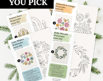 You Pick Holiday Watercolor Kits 11 Options | Pre-Sketched Art Set Gift, Christmas Paint Party, Date Night