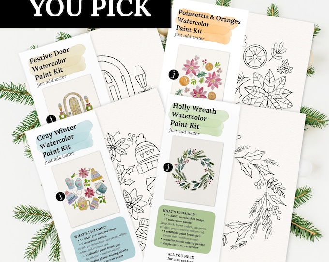 Featured listing image: You Pick Holiday Watercolor Kits 11 Options | Pre-Sketched Art Set Gift, Christmas Paint Party, Date Night