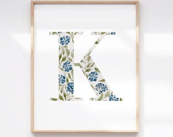 Indigo Garden Monogram Initial Art Print | Watercolor Hydrangea Letters