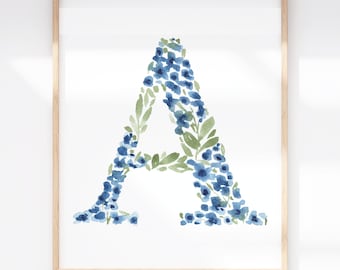 Letter A Blue Floral Art Print | Flower Monogram Print | Alphabet Name Wall Decor