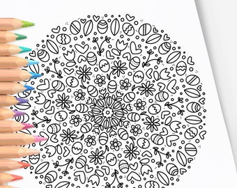 Easter Eggs and Spring Flowers | Hand-Drawn Coloring Page Print & Color | Digital Printable