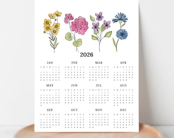 2026 Calendar Print | Rainbow Florals At A Glance Unframed Art | Floral Office Wall Decor