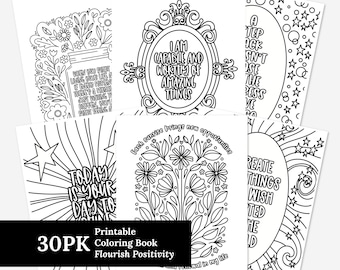 30 Pk Positive Affirmation Printable Coloring Pages | Flourish Positivity Quotes & Phrases | Adult Teen Kids Mindful Coloring Sheets