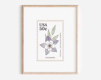 Colorado US State Flower Stamp | Rocky Mountain Columbine Watercolor Floral Art Printable