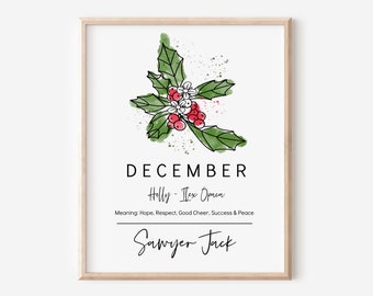 December Birth Month Flower Holly | Personalized Unframed Art Print | Custom Name Birthday Wall Decor