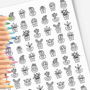 Può includere: Un foglio bianco con un motivo ripetuto di cactus e piante grasse in vaso, ciascuno in un vaso a forma di cuore. Matite colorate in varie tonalità sono disposte sul lato sinistro.